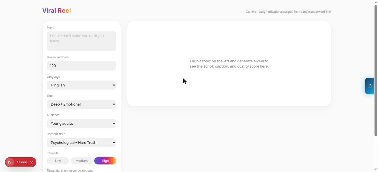 Content Creator's input form — topic, word limit, language, tone, audience, style