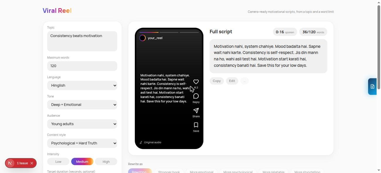 Content Creator showing a generated Reel script, caption preview and quality score