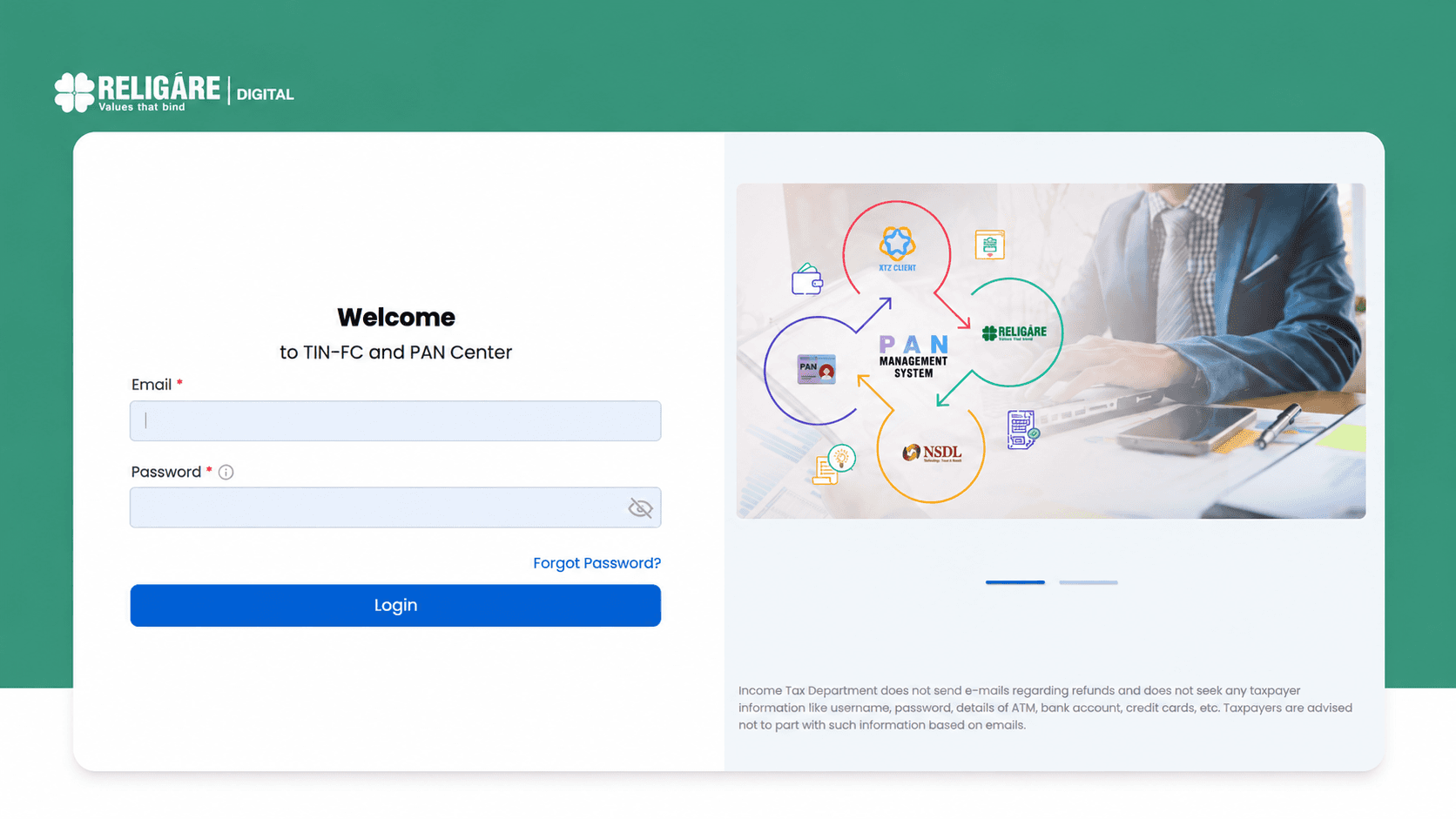 TIN-FC login interface; image-edited preview with account details and browser chrome removed.